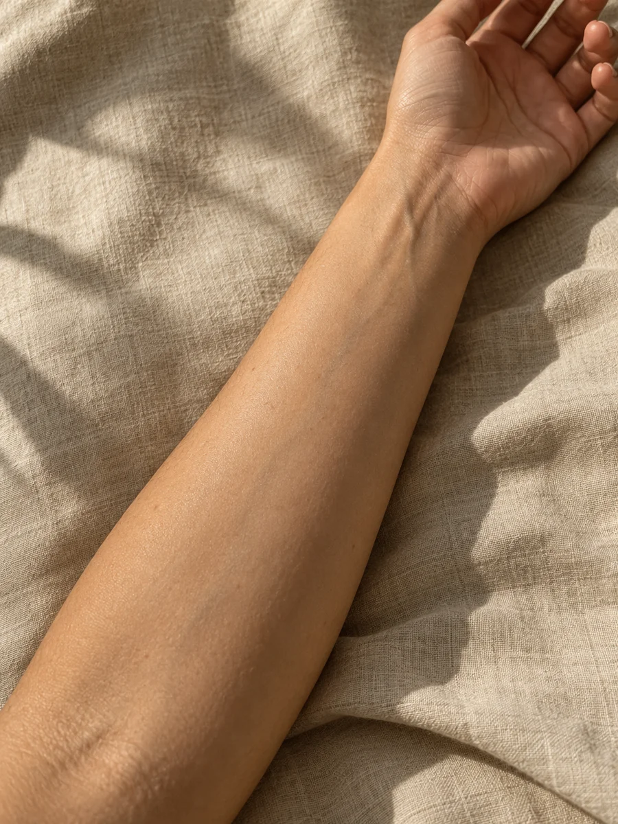 Editorial photograph of a bare forearm, shown with a simulated cosmos tattoo overlay.